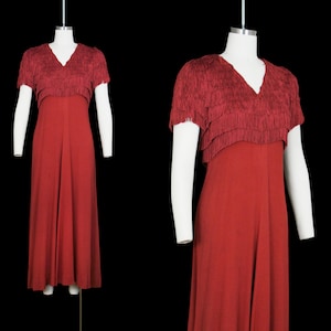 Vintage 1940s Fringe Dress - Crepe - Short Sleeve - V Neck - Gown - Merlot Red - Small / Medium - 28 29 30 Waist