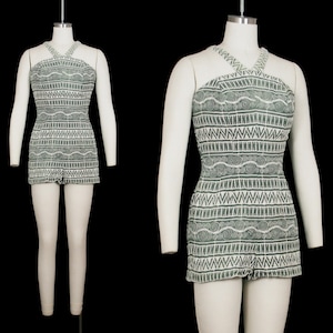 Vintage 1950s Jantzen Swimsuit - Green - Embroidered Sheer Romper - One Piece - Playsuit Pinup - Bathing Suit - Small - RARE