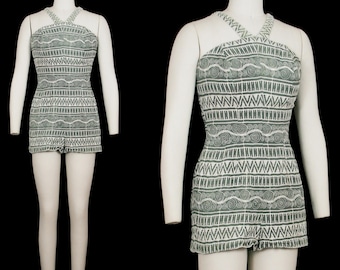 Vintage 1950s Jantzen Swimsuit - Green - Embroidered Sheer Romper - One Piece - Playsuit Pinup - Bathing Suit - Small - RARE