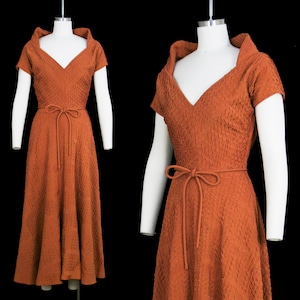 Vintage 1940s Ceil Chapman Dress - Burnt Orange - High Shawl Collar - Quilted - Chevron - Pintucked - Extra Small