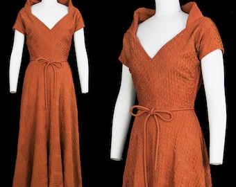 Vintage 1940s Ceil Chapman Dress - Burnt Orange - High Shawl Collar - Quilted - Chevron - Pintucked - Extra Small