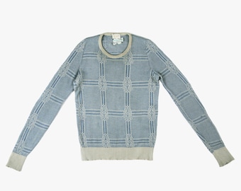 Vintage 1970's Gucci Sweater - Cashmere Silk - Horseshoe - Equestrian - Blue Cream - Crew Neck - Designer - Extra Small - RARE
