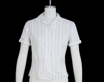 Vintage 1950s Button Down Blouse  - Multi Color Stripe - Short Sleeve - Pointed Collar - Light Cotton - Loop Collar - Medium