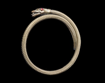 Vintage Victorian Braided Snake Bracelet - Gold Tone - Teeth - Art Deco - Serpent - Red Stone - Rare