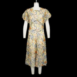 Vintage 1930s Sheer Chiffon Dress - Ruffle - Puff Sleeve - Floral Formal Gown - Small Medium - 36 38 Bust 28 Waist