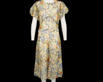 Vintage 1930s Sheer Chiffon Dress - Ruffle - Puff Sleeve - Floral Formal Gown - Small Medium - 36 38 Bust 28 Waist
