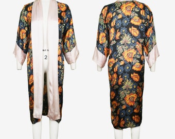 Vintage 1920er Jahre Morgenmantel - Rosen Blumen - Florales Viskose - Schwarz - Robe - Old Hollywood Loungewear - S/M