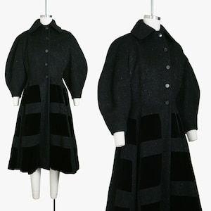 Vintage 1950s Lilli Ann Princess Coat - Velvet Squares - Wool Mohair - Fit and Flare - Black - Small Medium