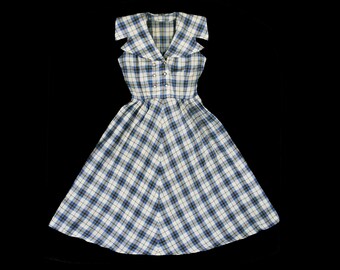 Vintage 1940s Plaid Sailor Shawl Collar Dress - Blue, Tan & Gray - Day Dress - Sleeveless - Button Front - Cotton  - Extra Small XS