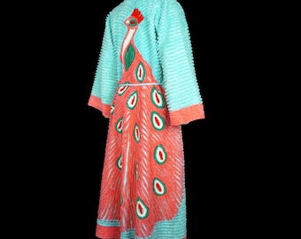 Vintage 1940s Chenille Peacock Robe - Collar - Long Sleeve - Turquoise Blue - Hot Pink Green - Small / Medium
