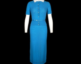 Vintage 1950s Knit Set - Blue - Angora Collar - Fuzzy - Sweater - Skirt - Belt - 2 Piece Knitwear - Wool - Small