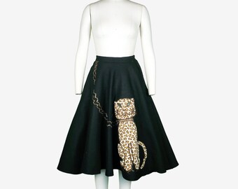 Vintage 1950s Madalyn Miller Felt Leopard Circle Skirt - Black - Leash - Cat - Glitter - Novelty - Small - 26 27 in. waist