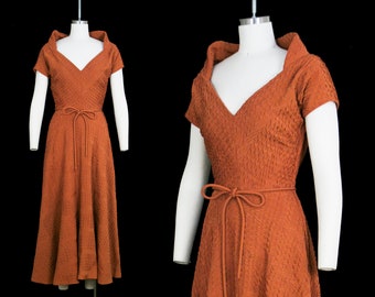 Vintage 1940s Ceil Chapman Dress - Burnt Orange - High Shawl Collar - Quilted - Chevron - Pintucked - Extra Small