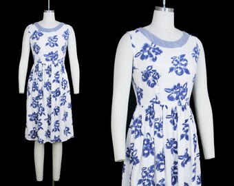 Vintage 1950s Floral Peach Print Dress - Blue White Cotton - Sleeveless - Extra Small / Small XS - 32 34 35 Bust 26 27 28 Waist