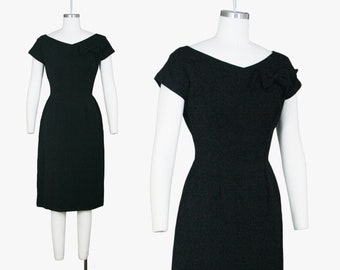 Vintage 1950s Jacques Heim Dress - Black Cocktail - New Look Inspired - Bow Neckline - Short Sleeve - Small / Medium - Formal - Designer