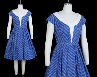 Vintage 1950s Chevron Print Dress - Clarisse Couture - Blue Cotton - Short Sleeve - Fit Flare - Extra Small / Small XS - 35 36 Bust 26 Waist