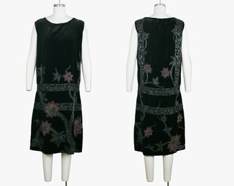 Vintage 1920s Adair Paris France Beaded Dress - House of Adair - Tree Branches - Floral - Flapper - Black Velvet - Sleeveless - Small Medium
