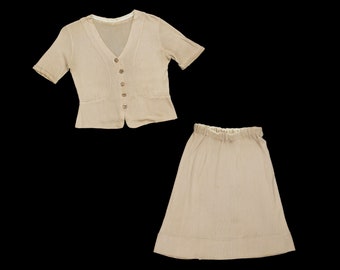 Vintage 1940s Knitwear rok set-blouse-deco knop front-korte mouw-delicate brei pak-minimal-beige-klein