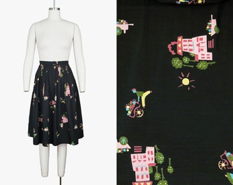 Vintage 1950s Flower Cart Novelty Print Skirt - Houses Man Woman - Floral - Novelty Pattern - Black - Medium Large - 30 31 32 33 Waist