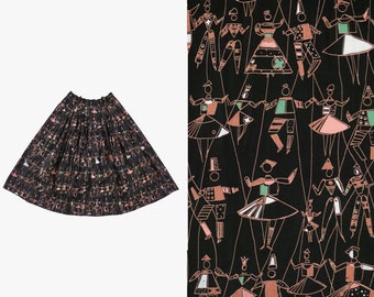 Vintage RARE 1950s Puppet Ballet Print Skirt - Jacqueline Groag- Novelty Pattern - Black - Extra Small - 25 26 in waist