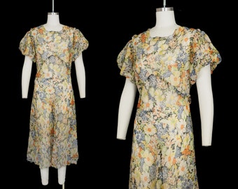 Vintage 1930s Sheer Dress - Ruffle - Puff Sleeve - Floral Formal Gown - Small Medium - 36 38 Bust 28 Waist