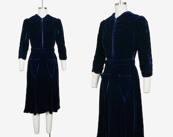 Vintage 1930s Blue Velvet Gown - Ruched Puff Sleeves - Belt - Shell Pocket - Trapunto - Zipper Front - Small XS
