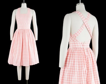 Vintage Pink Gingham Dress - Square Neckline - Cross Straps - Back Button - Extra Small XXS 0 - Marilyn Monroe - Bombshell - Ready to Wear