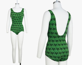 Vintage 1960's Starfish Novelty Print Leotard - Bodysuit - Catsuit - Green & Black - Sleeveless - Knit - Low Back - Extra Small XS