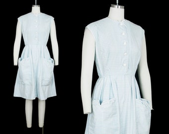 Vintage 1950s Big Pocket Dress - Blue Stripe Cotton - Sleeveless - Fit Flare - Extra Small / Small XS - 36 38 Bust 26 Waist