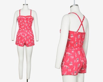 Vintage 1950's Catalina Swim Suit - Novelty Print - Cotton - One Piece Bathing Suit - Play Suit - Extra Small