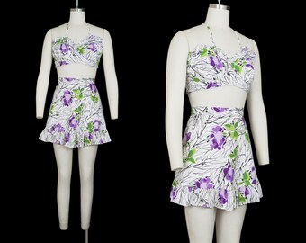 Vintage 1940's Playsuit - Two Piece - High Waisted Skirt - Halter Top - Crop - Purple Rose - Medium - Cotton