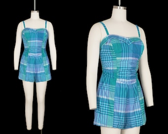 Vintage 1950's Catalina Swim Suit - Plaid Swiss Dot Cotton - One Piece Bathing Suit - Blue - Romper - Play Suit - Small / Medium