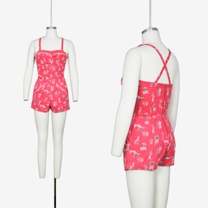 Vintage 1950's Catalina Swim Suit - Novelty Print - Cotton - One Piece Bathing Suit - Play Suit - Extra Small