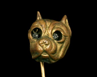 Antique Victorian Pit Bull Dog Stick Pin - Trembler - Googly Eyes - Paste Rhinestone - Dog - Unique - Articulated Novelty - 10K Gold