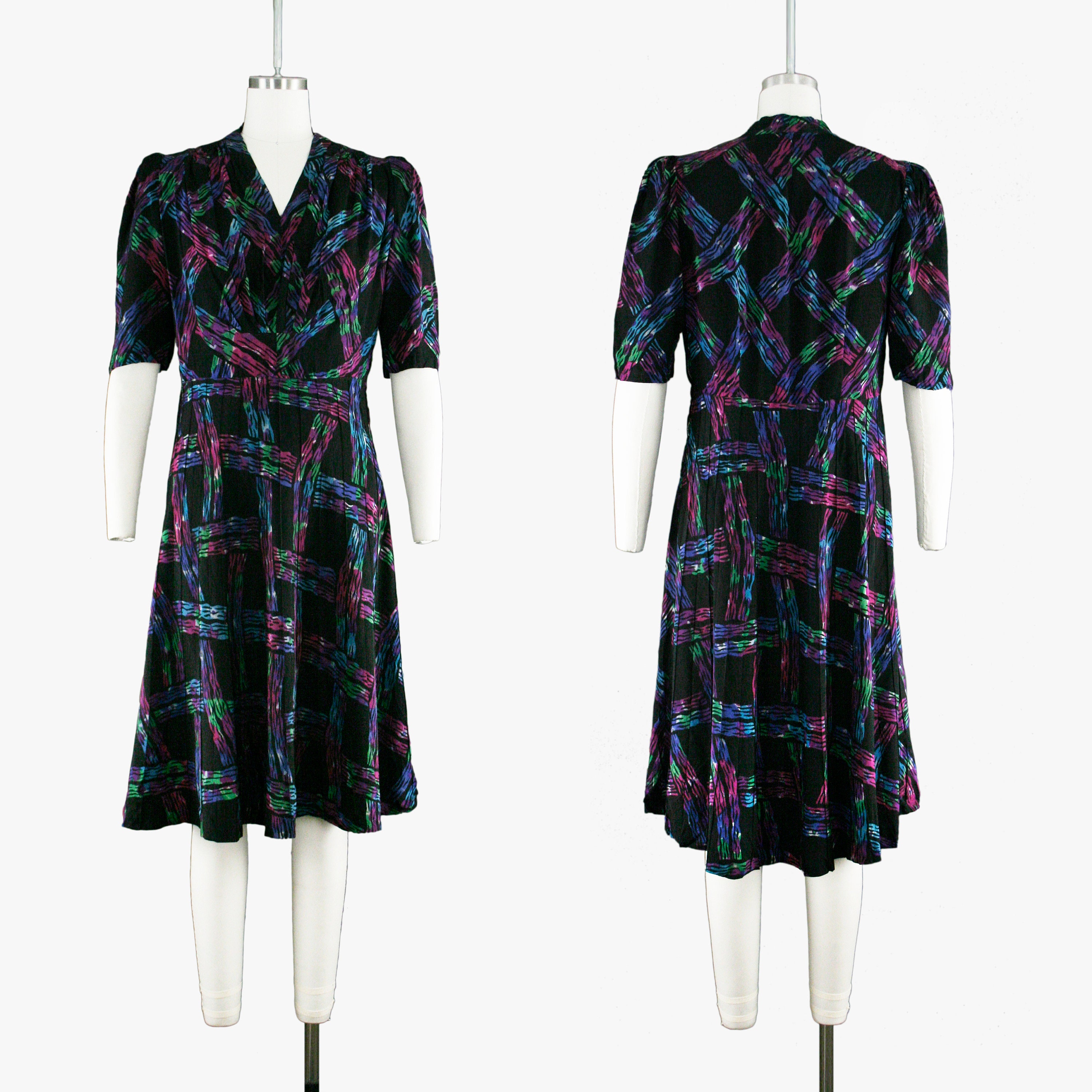 Vintage 1930S Foga Abstract Grid Dress - Black & Rainbow Multi. Color Plaid Tie Dye Puff Short Sleeve Fashion Originators Guild Medium