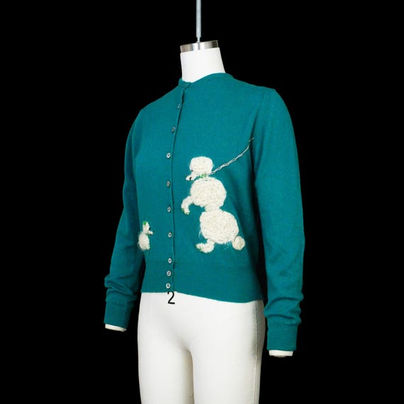 Vintage 1950s Poodle Cardigan - Green Sweater - Crew Neck - Button