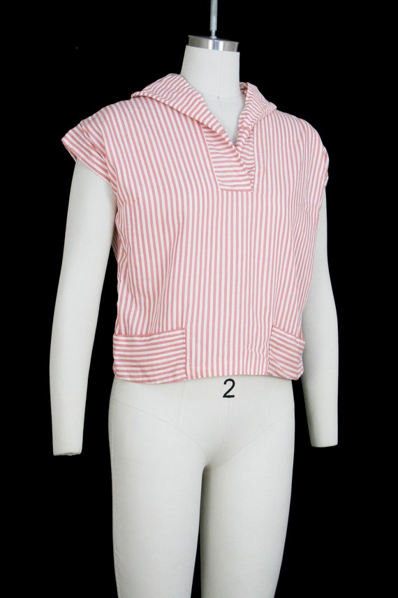 Vintage 1950s Sailor Blouse - Red White Stripe - Sleeveless