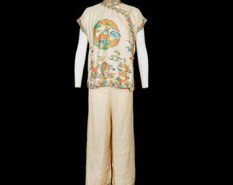 Vintage 1920s Pongee Pajama Set - Lounge - Beige - Silk Two Piece - Dragon - Floral - Medium / Large