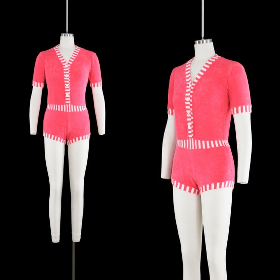 Vintage 1960s Terry Cloth Romper - Pink White Stripes… - Gem