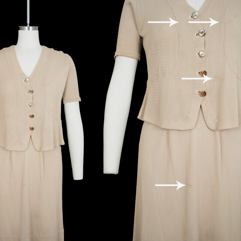 Vintage 1940s Knitwear Skirt Set Short Sleeve Beige Small Blouse Minimal Delicate Knit Suit Deco Button Front