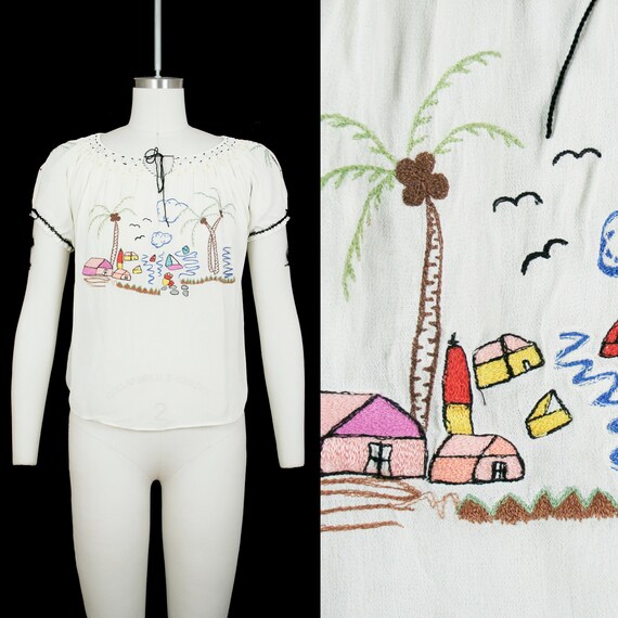Vintage 1940s Sheer Embroidered Peasant Blouse - N