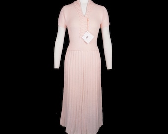 Vintage 1950s Kimberly Knit Set - Pink - Boucle - Sweater - Pleated - Ribbed Skirt - 2 Piece Knitwear - Dead Stock - Small