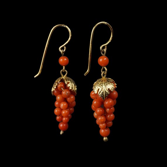 Antique Victorian Coral Earrings - Leaf - Leaves … - image 3