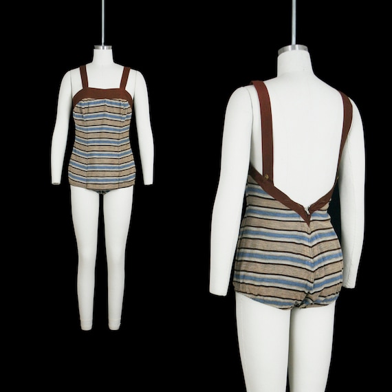 Vintage 1950's Striped Swim Suit - Low Back - One… - image 1