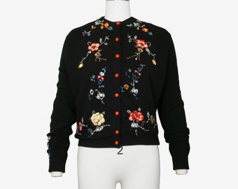 Vintage 1950s Floral Embroidered Cardigan - Helen Bond Carruthers Style - Black - Embroidery - Piano Shawl Appliqué - Long Sleeve - Medium