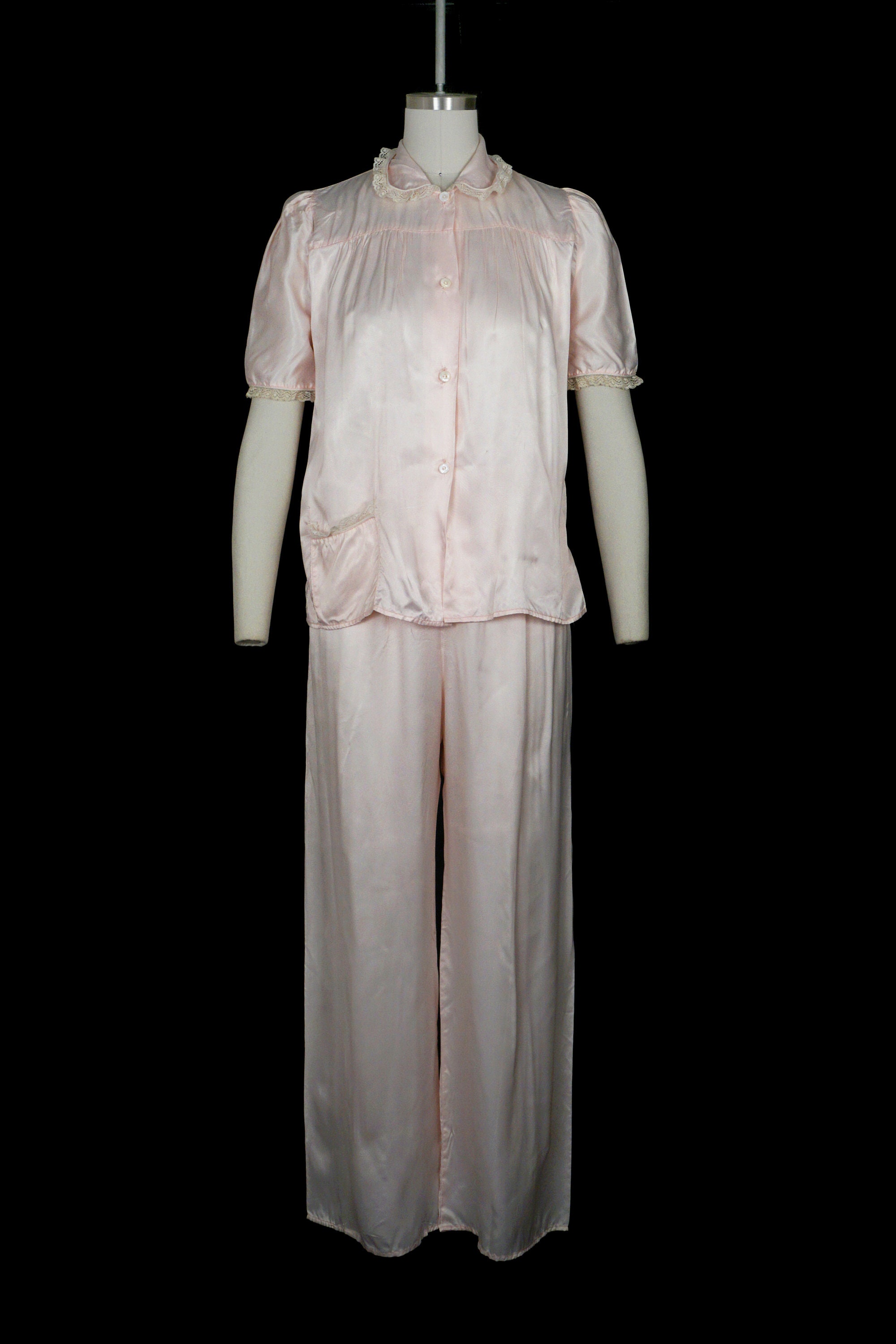 Vintage 1940s Pajama Set Button up Blouse Pants Pink Satin Silky 