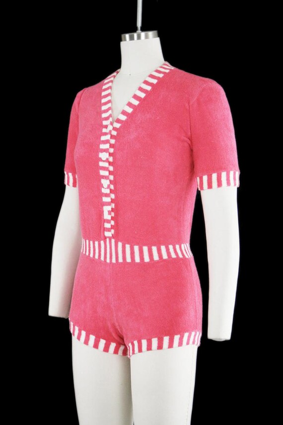 Vintage 1960s Terry Cloth Romper Pink White Stripes… Gem