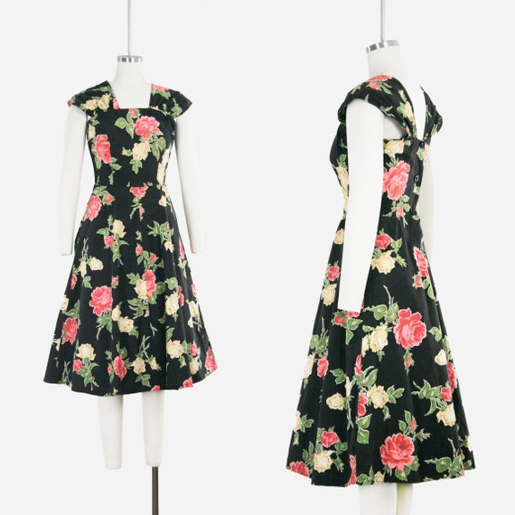 Vintage 1940s Rose Novelty Print Day Dress - Blac… - image 1