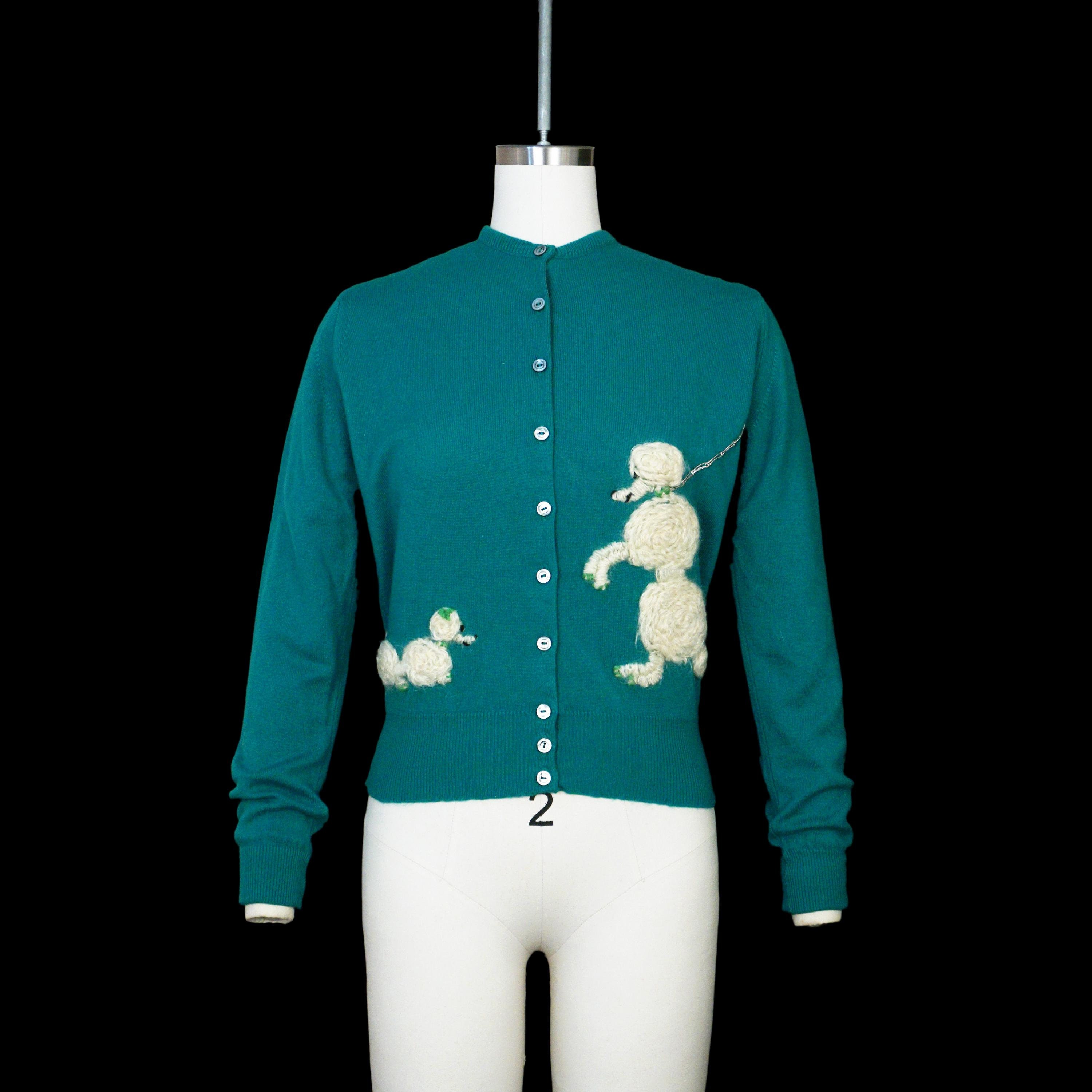 【USED】～50s WORK CARDIGAN Vintage 1950s Poodle Cardigan - Green Sweater - Crew Neck