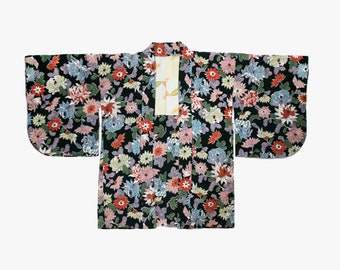 Vintage 1930s Floral Kimono - Haori - Black Multi Color - Chrysanthemum Blossom - Silk Blend - Wedding Dressing Gown - Small Medium Large